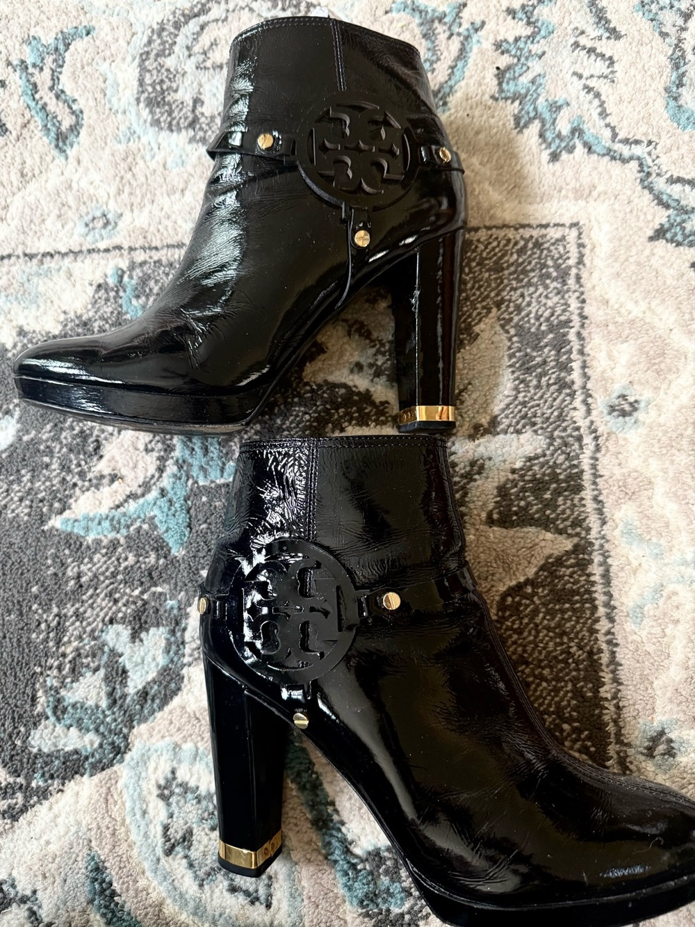 Tory Burch Black Patent Leather Logo Whitney Boots